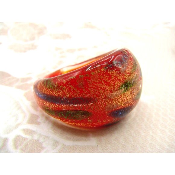 Pier One Blown Glass Cosmic Ring Domed Orange Red Gold Chromatic Lampwork Sz 7.5 - Picture 9 of 11